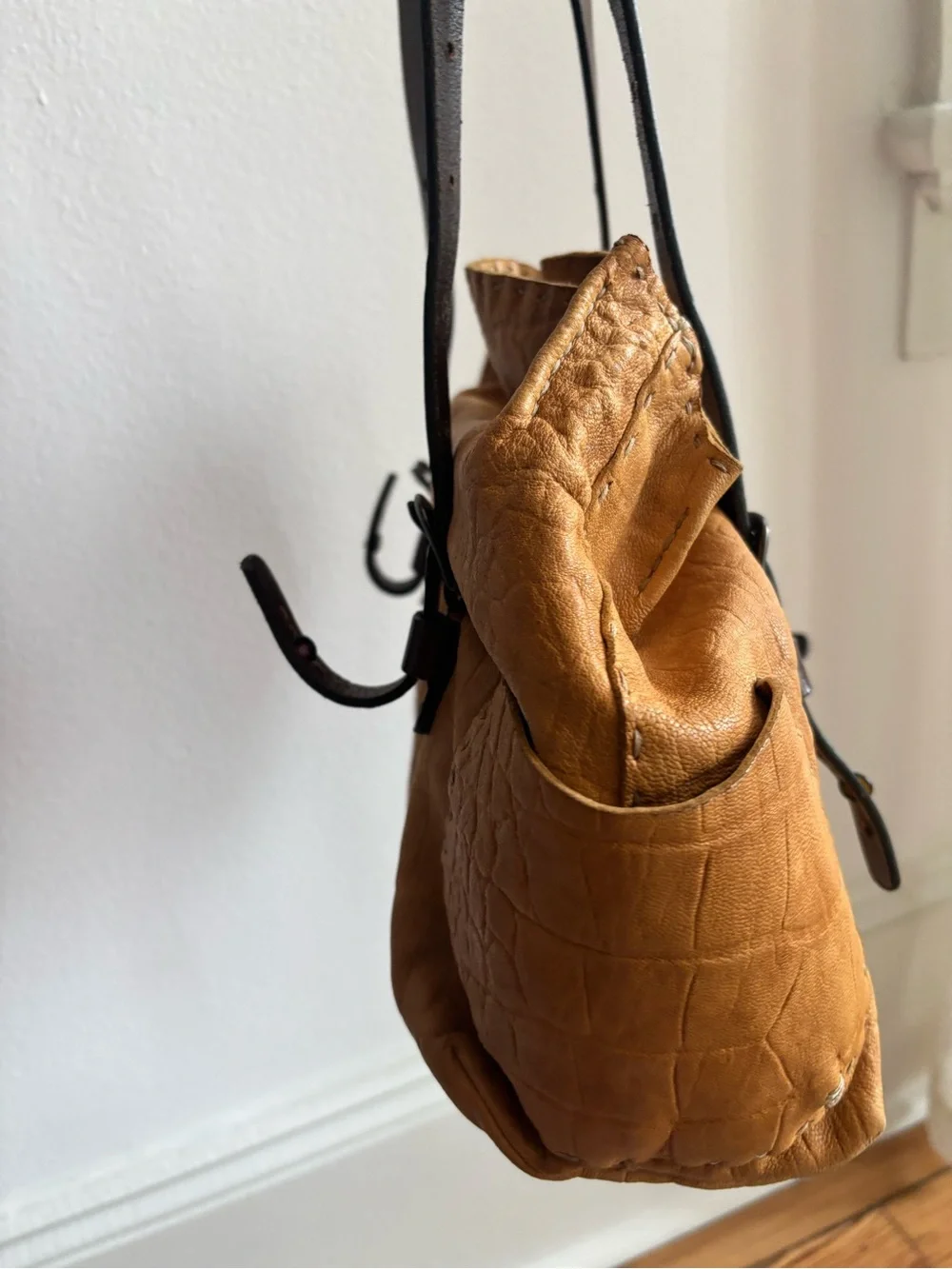 Caramel Brown Leather Hobo Bag with Dark Brown Strap and Tassel